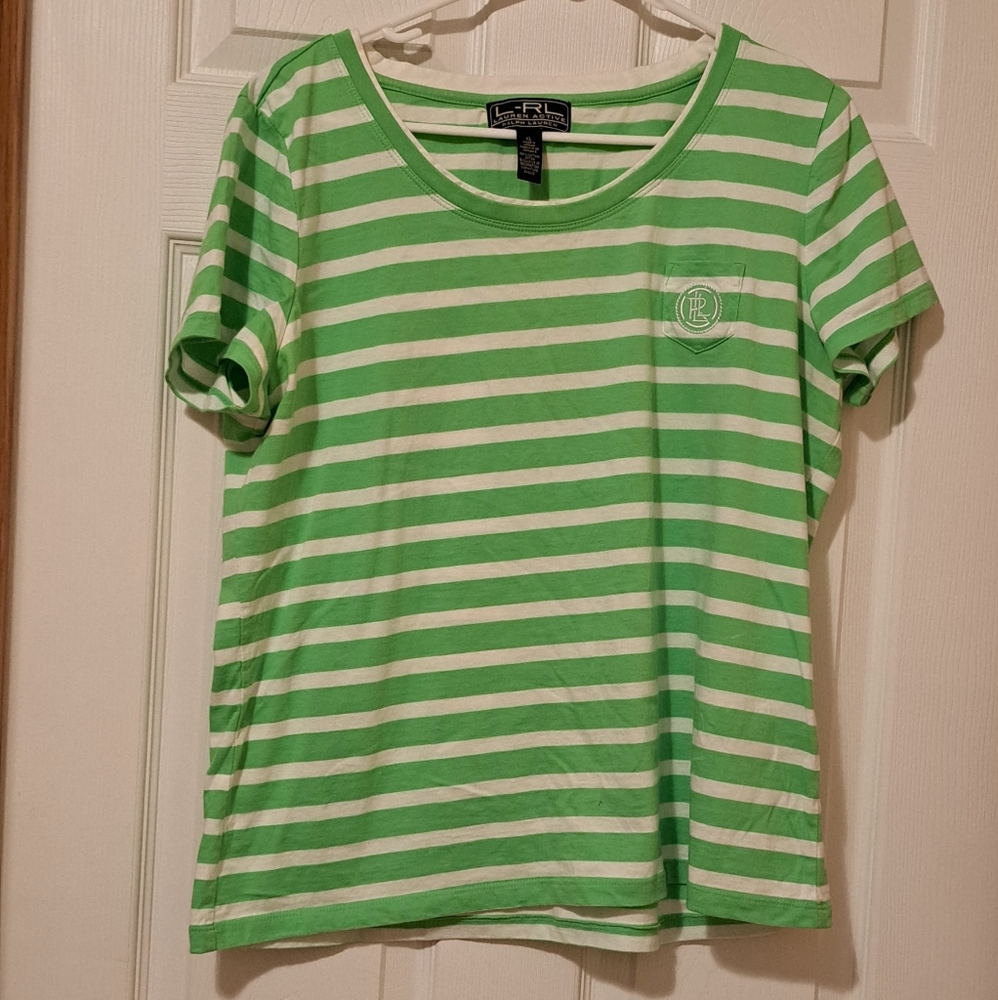 L-RL Lauren Active Ralph Lauren Vintage Green/White Striped Short-Sleeve - XL